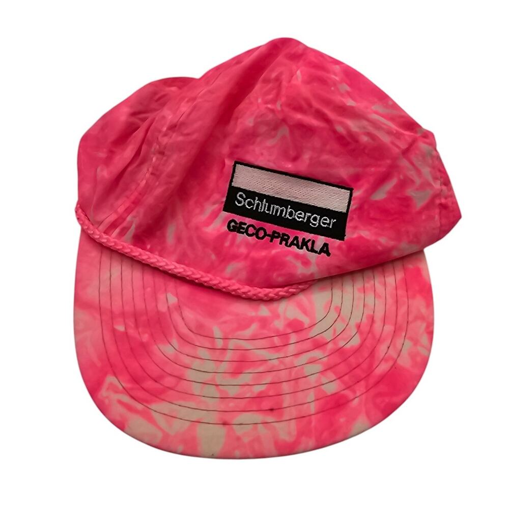 Schlumberger GECO-PRAKLA Vintage 1980s Nylon Baseball Hat Neon Pink Tie Dye